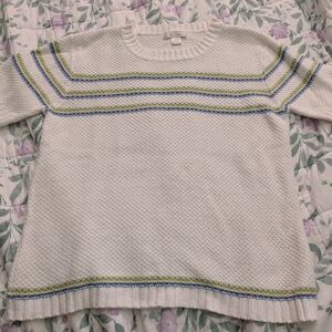 Christopher & Banks S White Knit Short Sleeve Top W/ Blue,Green,& Yellow Stripes